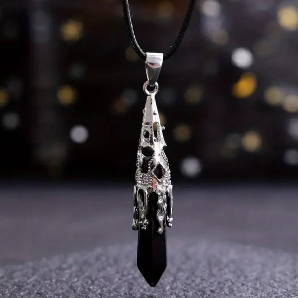Obsidian Natural Stone Hexagonal Prism Pyramid Pendant Gemstone Necklace